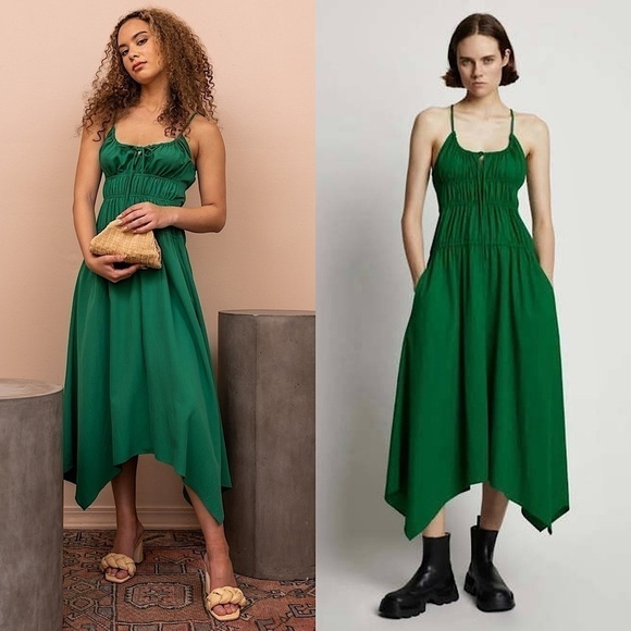 PROENZA SCHOULER Emerald Crepe Ruched Smocked Tie Front Sleeveless Midi Dress 10 - Picture 1 of 16